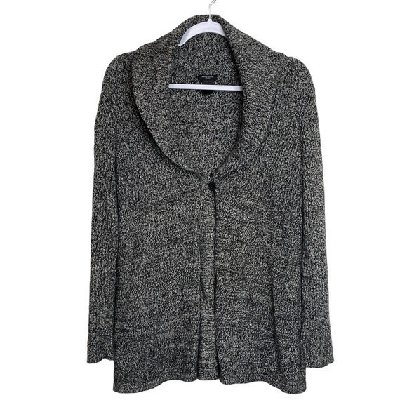 Ann Taylor Cardigan Cotton Rabbit Hair Black Grey Marled Shawl Collar Women’s M - Picture 1 of 9